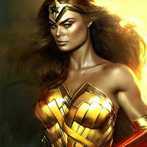 Prompt: : beautiful portrait of carmen electra as wonder woman, bodybuilder posing, radiant light, caustics, war hero, metal gear solid, by gaston bussiere, bayard wu, greg rutkowski, giger, maxim verehin