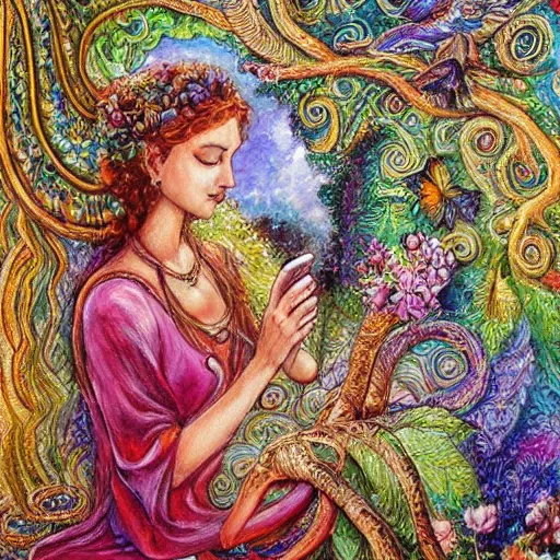 Prompt: a nature goddess checking her cell phone by josephine wall, acrylic on canvas, intricately detailed