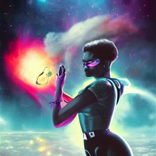 Prompt: black female cyberpunk astronaut in a 1 9 5 0's pinup art, cinematic composition, award winning art, octane render, exploding nebulae, outer space, artwork by norman rockwell