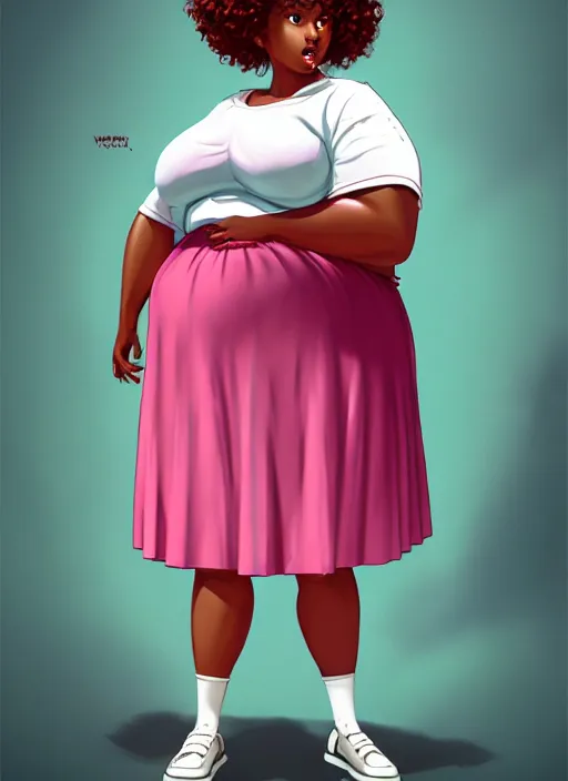 Image similar to full body portrait, teenage vanessa morgan, pink hair, obese, black girl, curly pixie hair, sultry, realistic, short hair, hoop earrings, skirt, shirt, fat, belly, intricate, elegant, highly detailed, digital painting, artstation, concept art, smooth, sharp focus, illustration, art by wlop, mars ravelo and greg rutkowski