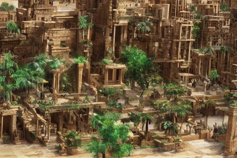 Image similar to ancient city of Babylon, hanging gardens of babylon. Robot mechas roaming the streers of ancient babylon. By morgan freeman, highly detailed