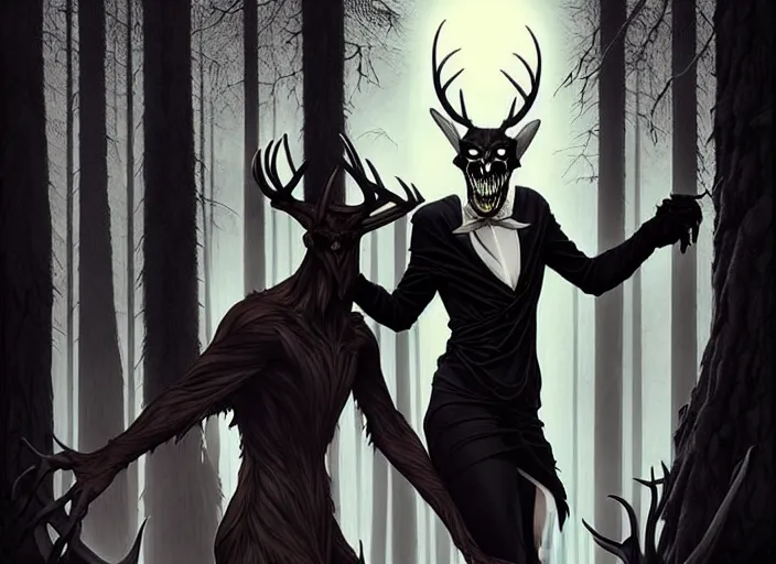 Image similar to style artgerm, joshua middleton, diego fazio, j. c. leyendecker : : scary wendigo with antlers and skull face mixed with werewolf : : [ beautiful witch wearing a black dress, symmetrical face, on the right side ] : : in the forest, detailed, dark and foggy, cinematic lighting