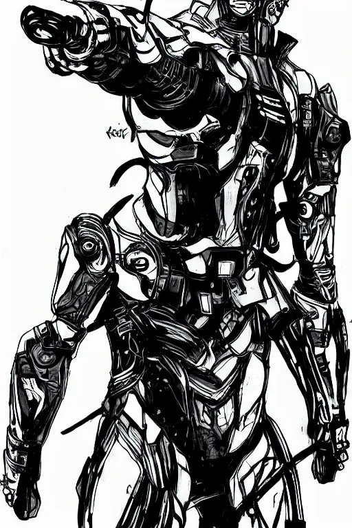 Prompt: raiden from metal gear rising, doing a heroic pose, a page from cyberpunk 2 0 2 0, style of paolo parente, style of mike jackson, adam smasher, johnny silverhand, 1 9 9 0 s comic book style, white background, ink drawing, black and white