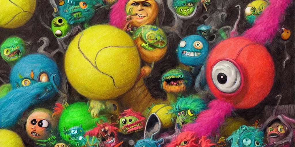 Prompt: a cinematic poster of tennis ball monsters, digital art, fantasy, magic, chalk, chalked, trending on artstation, ultra detailed, detailed, fine details, professional illustration by basil gogos