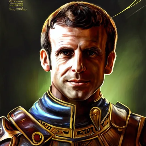 Image similar to portrait of Emmanuel Macron in fantasy armor, detailed, cinematic light, art of D&D