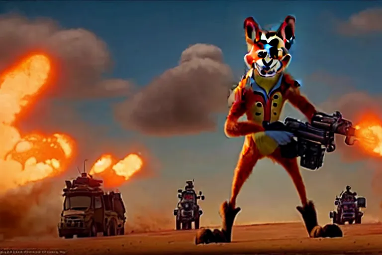 Image similar to nick wilde ( from zootopia ), heavily armed and armored facing down armageddon in a dark and gritty reboot from the makers of mad max : fury road