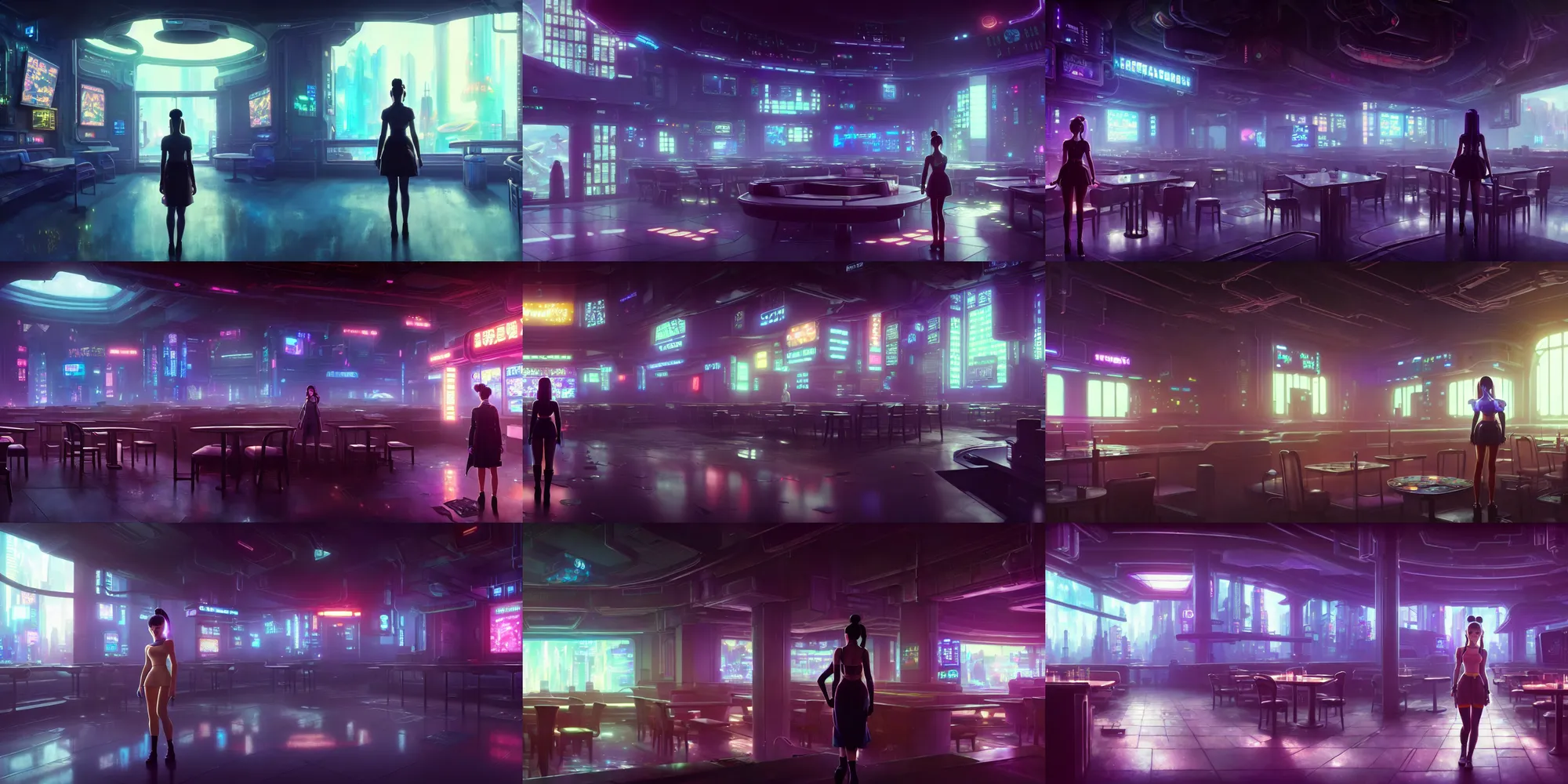 Prompt: a wholesome cyberpunk key shot of ariana grande as a detective searching a scifi restaurant with a high ceiling for clues of an alien invasion, studio ghibli, pixar and disney animation, sharp, rendered in unreal engine 5, anime key art by greg rutkowski, bloom, dramatic lighting