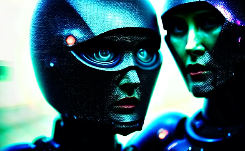 Image similar to cinestill 5 0 d candid action photographic portrait by christopher nolan of two loving female androids wearing rugged black mesh techwear in treacherous waters, extreme closeup, modern cyberpunk retrofuturism moody emotional cinematic, pouring iridescent rain, 8 k, hd, high resolution, 3 5 mm, f / 3 2, motion blur, ultra realistic faces, ex machina