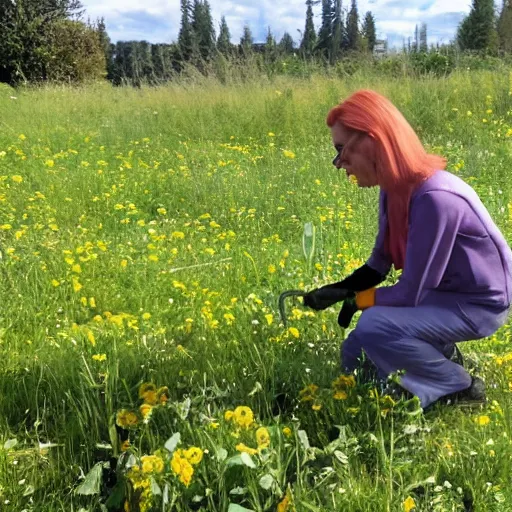 Image similar to a pixar character, a beautiful and mad canadian woman, on her knees, pulling weeds out frantically, some grey hair, stripey pants,