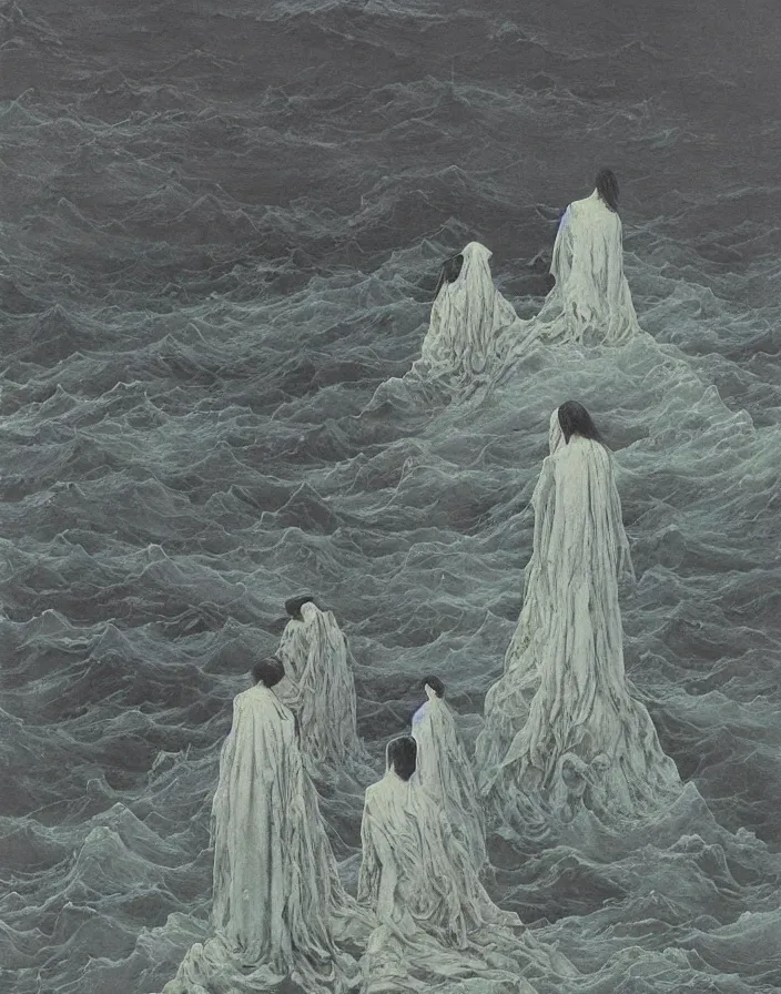 Prompt: worshippers in tattered robes belonging to the cult of the lighthouse standing in waves, a lighthouse, high detailed beksinski painting, part by adrian ghenie and gerhard richter. art by takato yamamoto. masterpiece, dark and moody, deep colours,