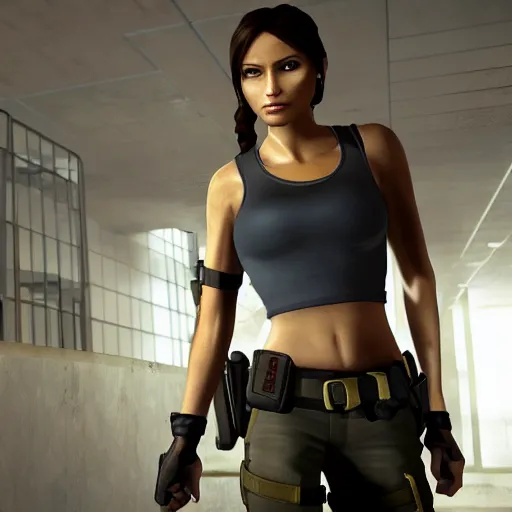 Image similar to lara croft in handcuffs, police station interior,