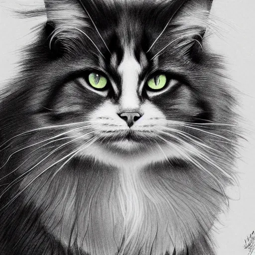 Image similar to long - haired siberian cat, full body, beautiful, illustration, charcoal, trending, artstation, hyper - detailed, coulson, peter