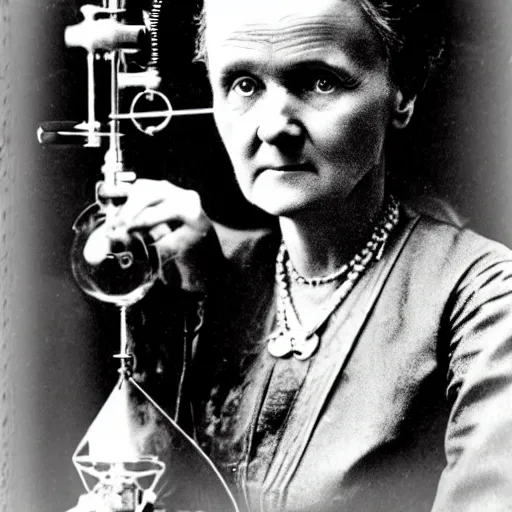 Prompt: Marie Curie with monocle, steampunk style, laboratory in the background