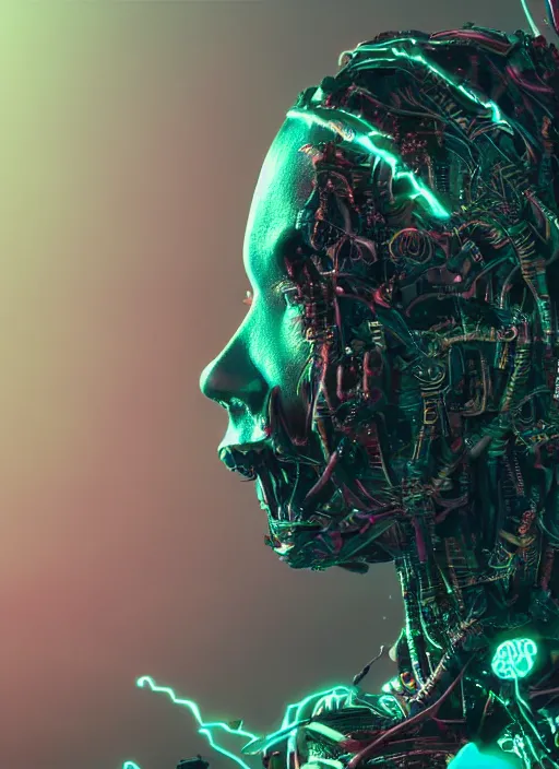 Prompt: a small psychedelic surreal horror cyborg in the chaotic spirit forest, fulcolor octane render, cinematic, ultra - realistic