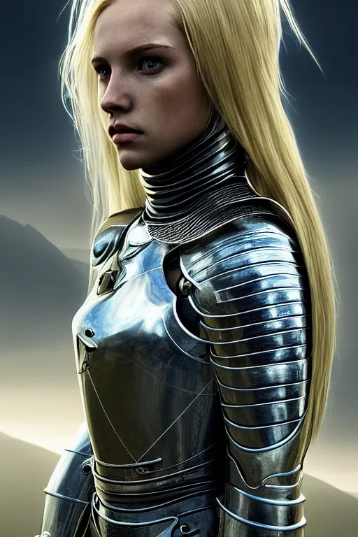 Prompt: female knight in the wild nature, dressed, blonde hair, symmetry, sci - fi, dark fantasy, perfect light and composition, 4 k, ultra hd, sense of awe, highly detailed, realistic, intricate, created by wayne barlowe