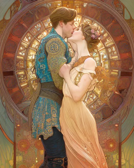 Image similar to the kiss | highly detailed | very intricate | art nouveau | gold filigree | romantic storybook fantasy | soft cinematic lighting | award - winning | painted by mandy jurgens and alphonse mucha and alena aenami | pastel color palette | featured on artstation