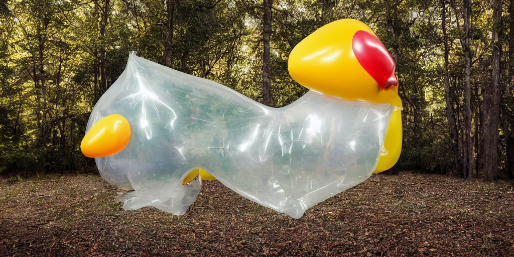 Prompt: an inflatable joan miro balloon dog made of clear plastic sheeting. the miro balloon dog sits at the edge of a forest. ultra wide shot, octane render, subsurface scattering, golden hour, 8 k, photorealistic