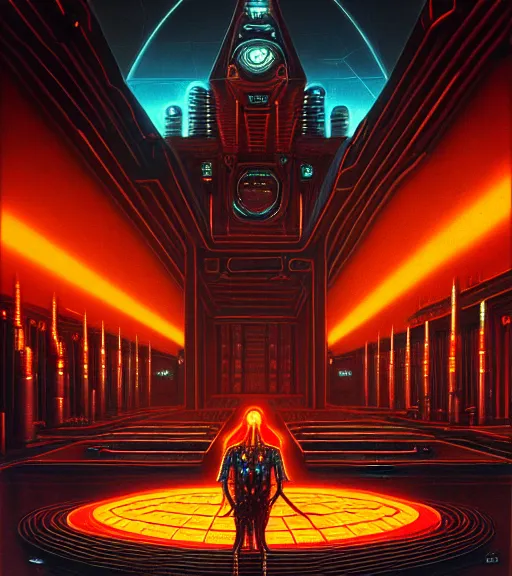 Prompt: portrait of a boss lair with a grand plaza hall, cybertronic gadgets, vantablack cloth technology, night, rusty shapes, biotechnology, dariusz zawadzki, tim hildebrandt, wayne barlow, bruce pennington, larry elmore, oil on canvas, deep depth field, masterpiece, cinematic composition, hyperdetailed, hd, hdr