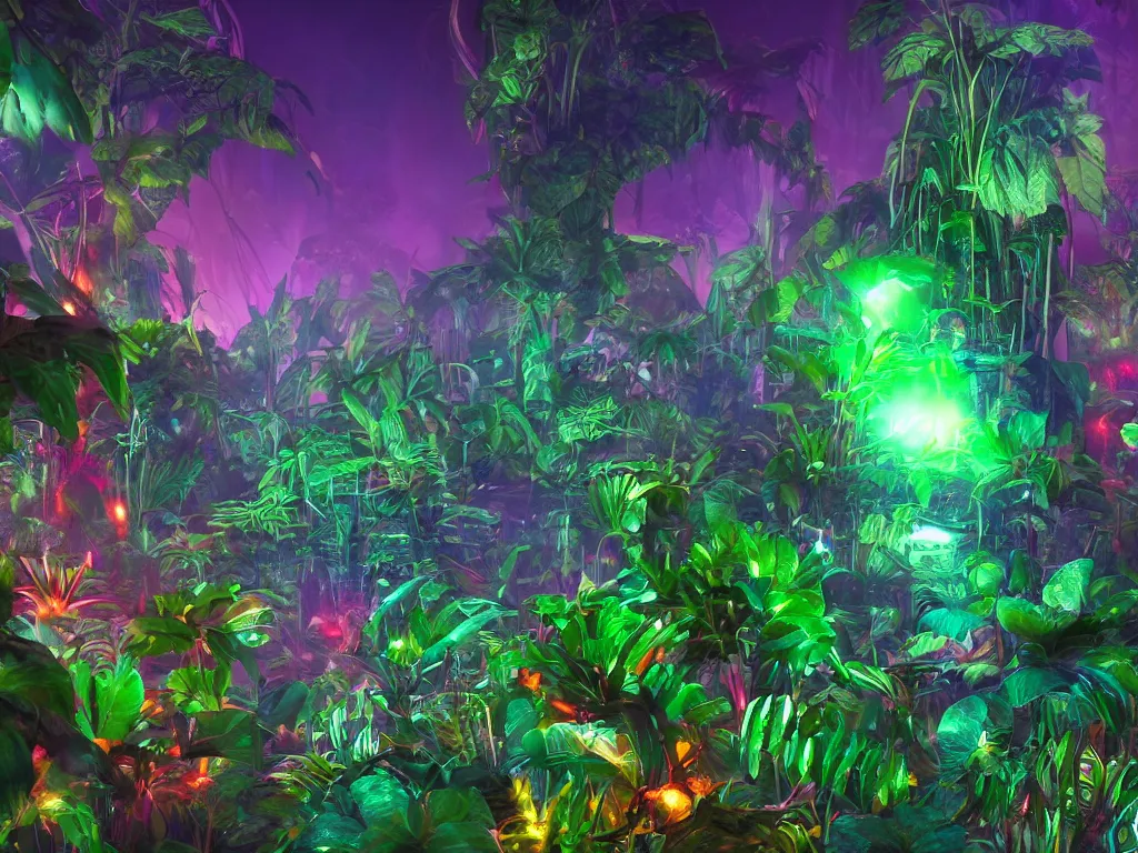 Prompt: psychedelic alien jungle at night, glowing alien plants, HD photography, artstation, cgsociety