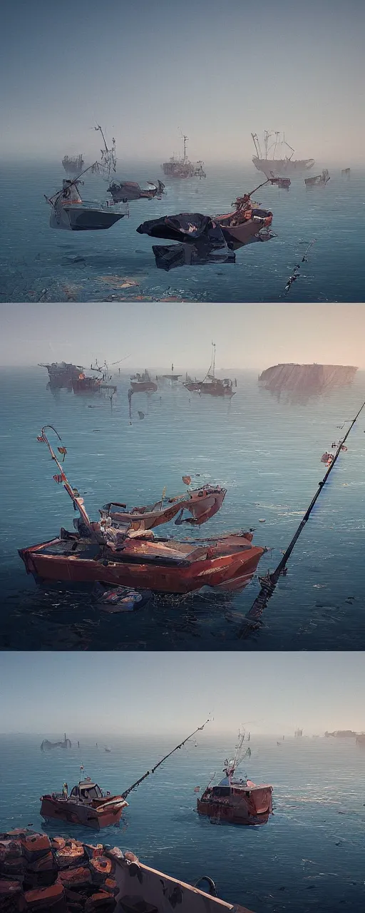 Prompt: fishing vessels in the bay, ismail inceoglu lowpoly