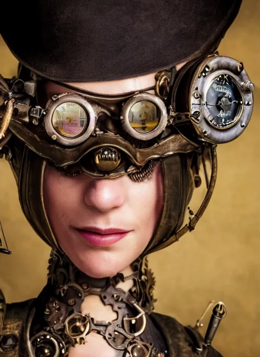 Image similar to closeup portrait of a female steampunk medieval goblin wearing a top hat and goggles, depth of field, zeiss lens, detailed, symmetrical, centered, fashion photoshoot, by Annie Leibovitz and Steve McCurry, David Lazar, Jimmy Nelsson, Breathtaking, 8k resolution, extremely detailed, beautiful, establishing shot, artistic, hyperrealistic, beautiful face, octane render