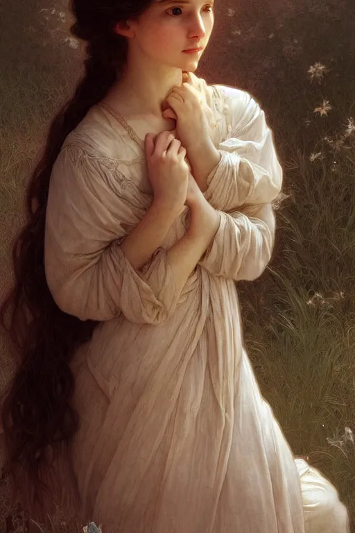 Image similar to Portrait of beautiful pale peasant girl, cinematic lighting, intricate, elegant, highly detailed, digital painting, artstation, smooth, sharp focus, illustration, art by artgerm and greg rutkowski and alphonse mucha and Wayne Barlowe and william-adolphe bouguereau