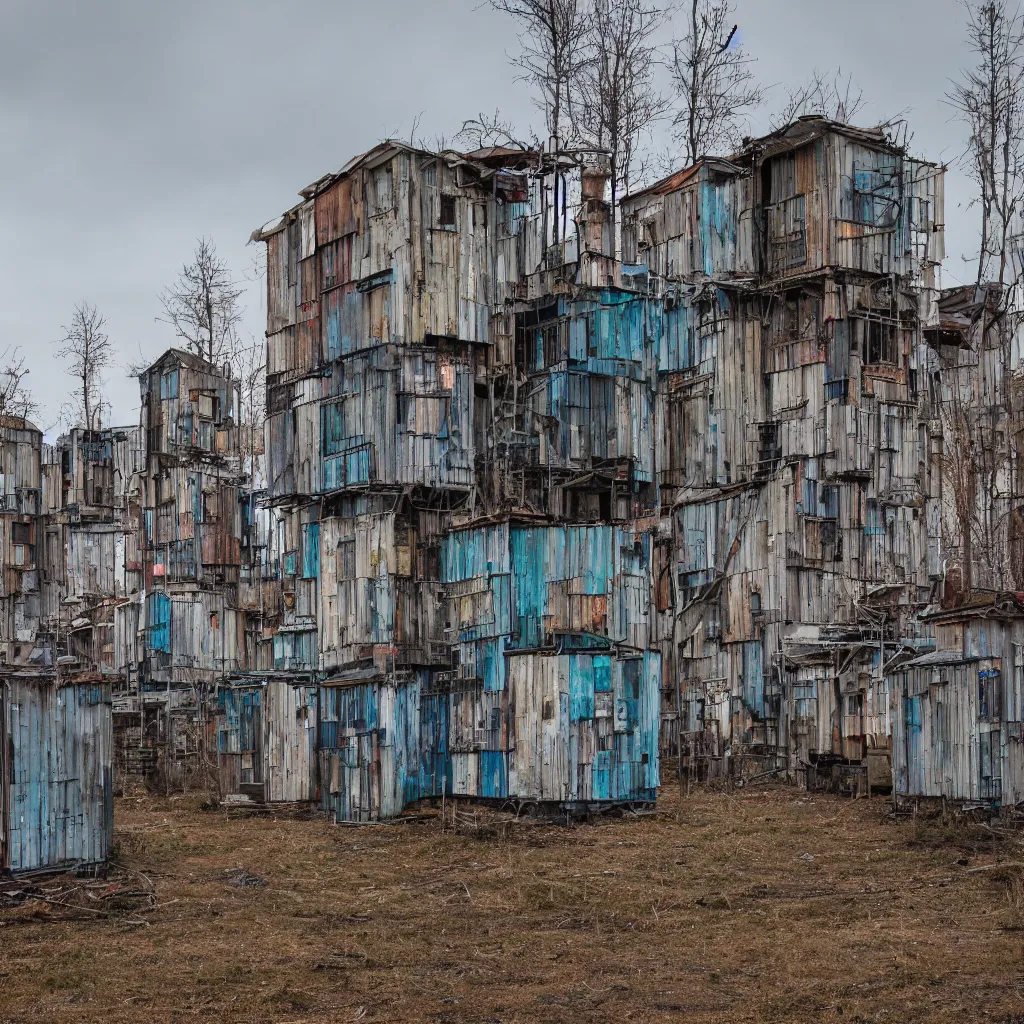 Prompt: three towers, made up of makeshift squatter shacks with faded colours, large vertical blank spaces, ultra detailed, dystopia, sony a 7 r 3, f 1 1, fully frontal view, photographed by jeanette hagglund