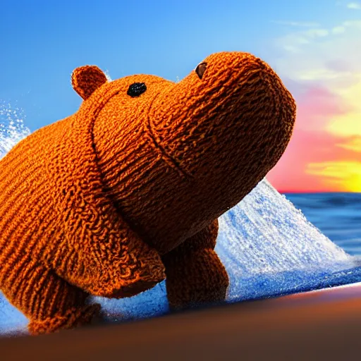 Image similar to a closeup photorealistic photograph of a cute smiling knitted tiger hippopotamus chasing a beachball at sunset. surf in the background. professional capture. this 4 k hd image is trending on artstation, featured on behance, well - rendered, extra crisp, features intricate detail, epic composition and the style of unreal engine.