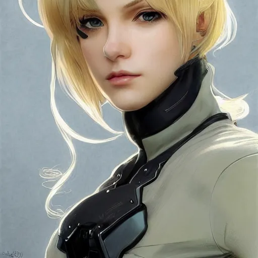 Image similar to Blonde Girl from Metal Gear Solid with thin lips, pronounced cheekbones, hair of medium length (longer caret), highly detailed, digital painting, artstation, concept art, smooth, sharp focus, illustration, ArtStation, art by artgerm and greg rutkowski and alphonse mucha and J. C. Leyendecker and Edmund Blair Leighton and Katsuhiro Otomo and Geof Darrow and Phil hale and Ashley wood and Ilya repin and Charlie Bowater