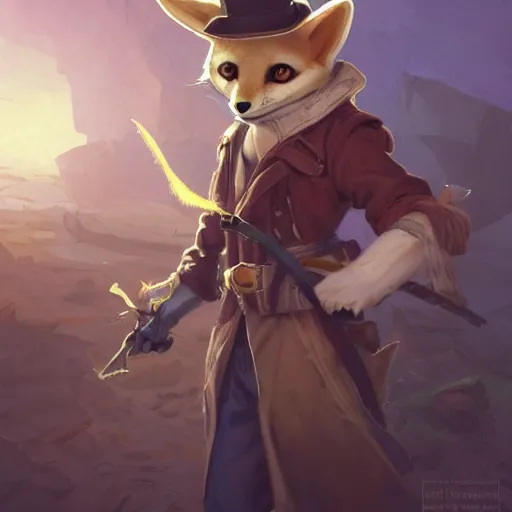 Image similar to Fennec fox scoundrel, hat, magic the gathering artwork, D&D, fantasy, cinematic lighting, centered, symmetrical, highly detailed, digital painting, artstation, concept art, smooth, sharp focus, illustration, volumetric lighting, epic Composition, 8k, art by Akihiko Yoshida and Greg Rutkowski and Craig Mullins, oil painting, cgsociety