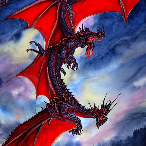 Image similar to a majestic , magnificent fire breathing dragon flying over a medieval castle under a dark starred sky, dark fantasy, watercolor, dreaming illusion, highly detailed, 4k, trending on Artstation, award-winning