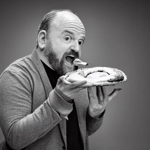 prompthunt: louis c k eating a cinnabon, xf iq 4, f / 1. 4, iso 2 0 0, 1 /  1 6 0 s, 8 k, raw, unedited, symmetrical balance, in - frame, sharpened