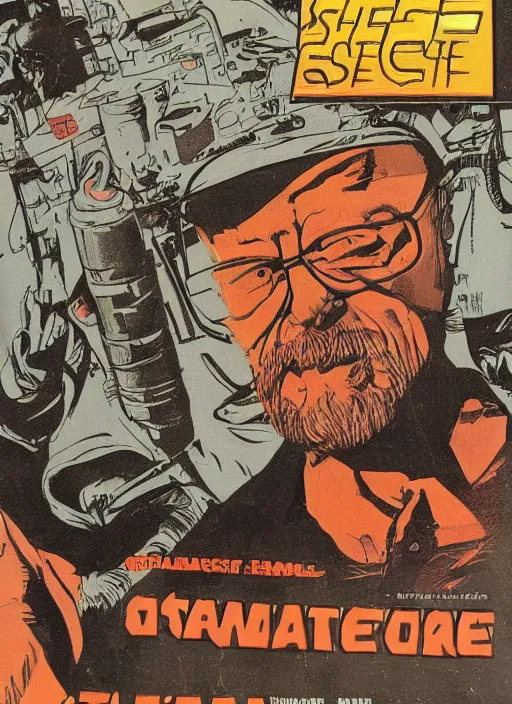 Image similar to Walter White as space wizard in retro science fiction cover by Stanisław Lem, vintage 1970 print