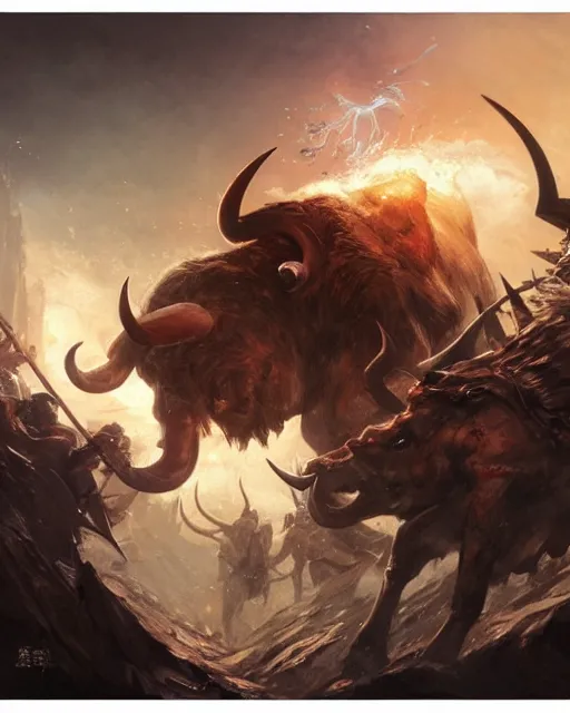 Image similar to a scene from an epic battle between bulls , magic the gathering artwork, D&D, fantasy, cinematic lighting, centered, symmetrical, highly detailed, digital painting, artstation, concept art, smooth, sharp focus, illustration, volumetric lighting, epic Composition, 8k, art by Akihiko Yoshida and Greg Rutkowski and Craig Mullins, oil painting, cgsociety