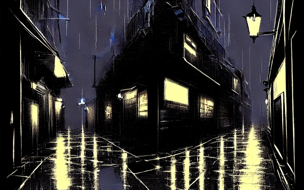 Image similar to concept art, dark wet london alley at night, by ashley wood, by roger deakins, in the style of syd mead and liam wong
