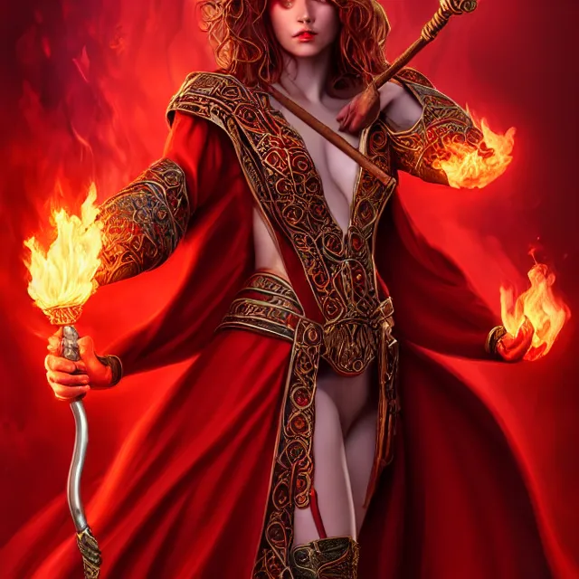 Image similar to beautiful elemental fire witch with ornate red robes and staff, highly detailed, 8 k, hdr, smooth, sharp focus, high resolution, award - winning photo, artgerm, photorealistic