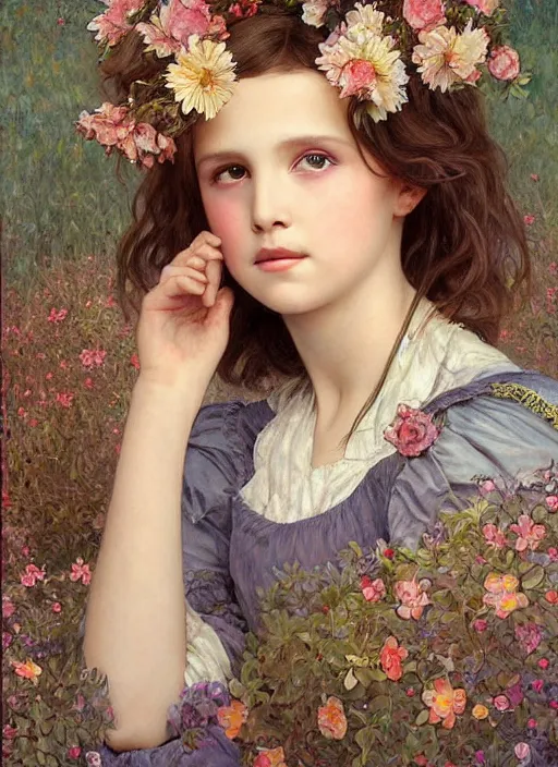 Prompt: realistic detailed painting of a 1 3 - year old girl who resembles millie bobby brown and natalie portman with a shy, blushing, coy expression by alphonse mucha, ayami kojima amano, charlie bowater, karol bak, greg hildebrandt