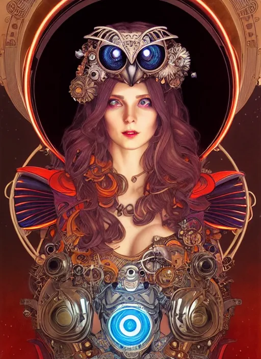 Image similar to the goddess artemis smirking with mechanical owl perched on her shoulder, steampunk, glowing eyes, volumetric lights, red and cyan theme, art nouveau botanicals, intricate, highly detailed, digital painting, artstation, concept art, smooth, sharp focus, cinematic, illustration, beautiful face, art by artgerm and greg rutkowski and alphonse mucha