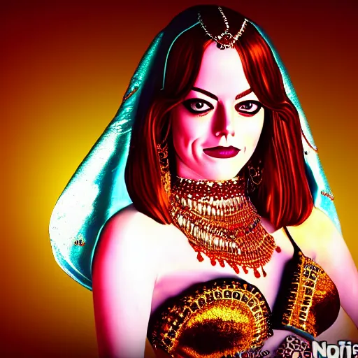 Image similar to a portrait of emma stone dressed as a belly dancer, arabian night, high quality, fully detailed, 4 k, in focus face with fine details, realistic hand details and anatomy