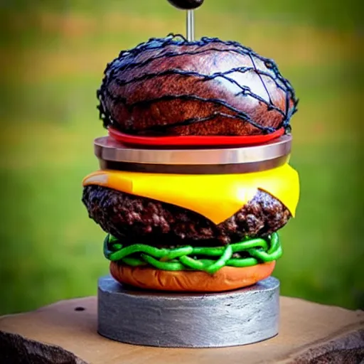 Prompt: cheeseburger sculpture made out of rusty barbed wire.