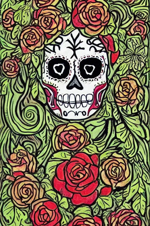 Prompt: Illustration of a sugar skull day of the dead girl, art by Elsa Beskow