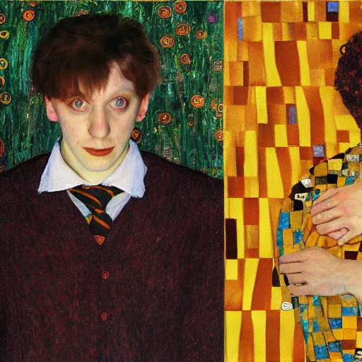 Image similar to painting of fred and george weasley by gustav klimt