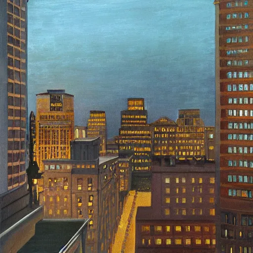 Prompt: muted color ultra realistic painting of a balcony view of 1 9 2 5 boston downtown at night, the sky is distorted and broken like a smashed mirror, dark, brooding, night, atmospheric, ultra - realistic, smooth, highly detailed in the style of clyde caldwell