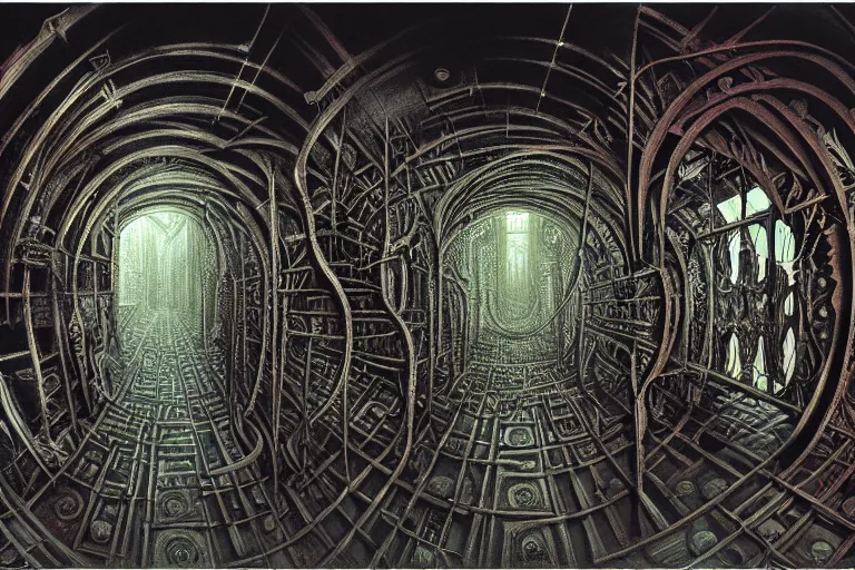 Image similar to the inside of a symmetrical hellish dungeon, mirrors and ancient gears, matte painting, 4 k, epic composition, volumetric light, abstract illusionism, by william stout, roberto da matta, pour paint