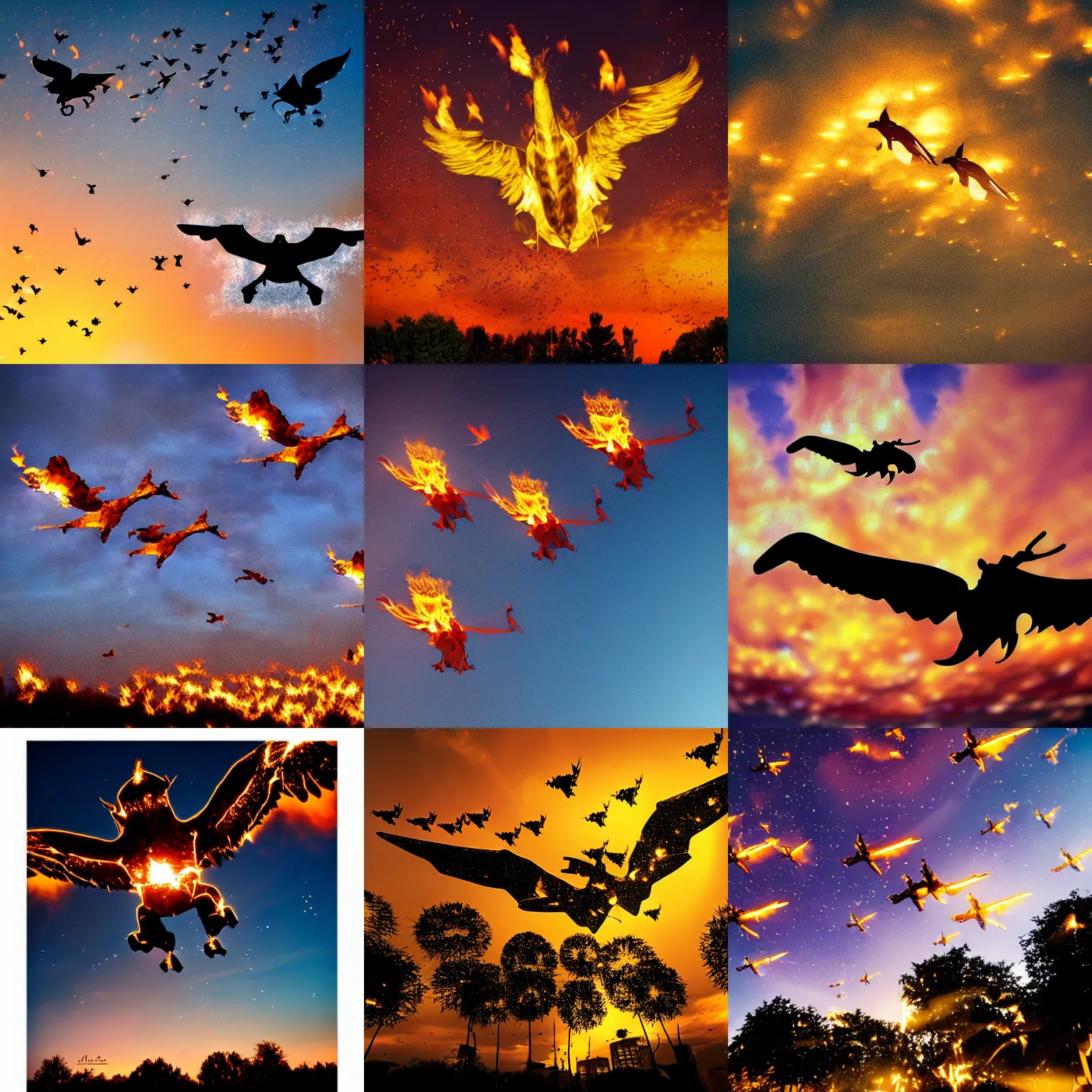 Prompt: dortmund, flying winged rhinos burning in the sky, realistic photograph, bokeh