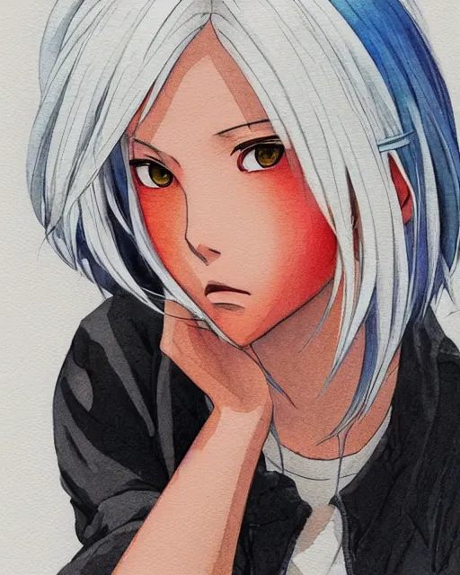 Prompt: face portrait of a very beautiful anime girl with tanned skin and chin length white hair wearing a red shirt and a black leather jacket, watercolor, digital painting, art by ( makoto shinkai ) ( ( ( shirow masamune ) ) ) and katsuhiro otomo, very detailed, sharp focus, digital painting, cyberpunk, high quality, color manga panel, hard shadows