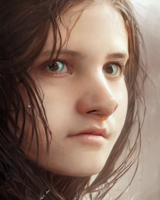 Image similar to portrait of 1 5 - year - old girl with thick brown hair, large front teeth, and bright piercing brown eyes, hyper realistic face, beautiful eyes, fantasy art, in the style of greg rutkowski, intricate, hyper detailed, smooth