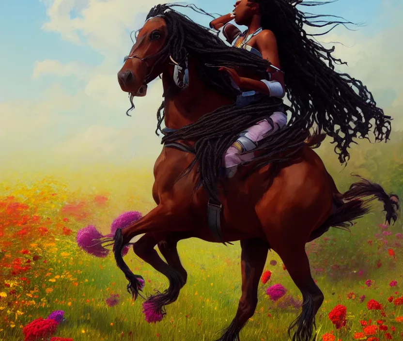 Image similar to full body portrait of young black woman riding a horse, flowing dreads, beautiful clydesdale, field of colorful flowers, highly detailed, digital painting, artstation, concept art, smooth, sharp focus, illustration, face by wlop, illustrated by mars ravelo and greg rutkowski