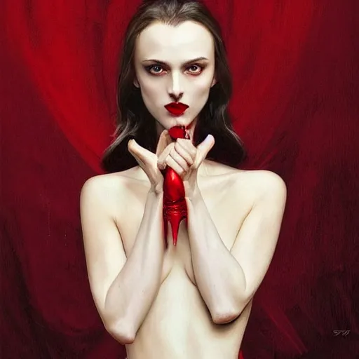 Prompt: “ daria strokous as femme fatale vampire, smiling, with blood red lips, holding knife on her victim ’ s throat intricate, elegant, highly detailed, digital painting, artstation, concept art, smooth, sharp focus uhd 8 k, art by artgerm and greg rutkowski and alphonse mucha ”