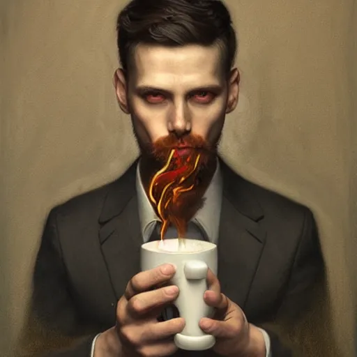 Prompt: by tom bagshaw, ultra realist soft painting of a daily clothed man drinking his coffee while watching the bomb explode, partial symmetry accurate features, very intricate details, focus, curvy, award winning, ultra dense fog